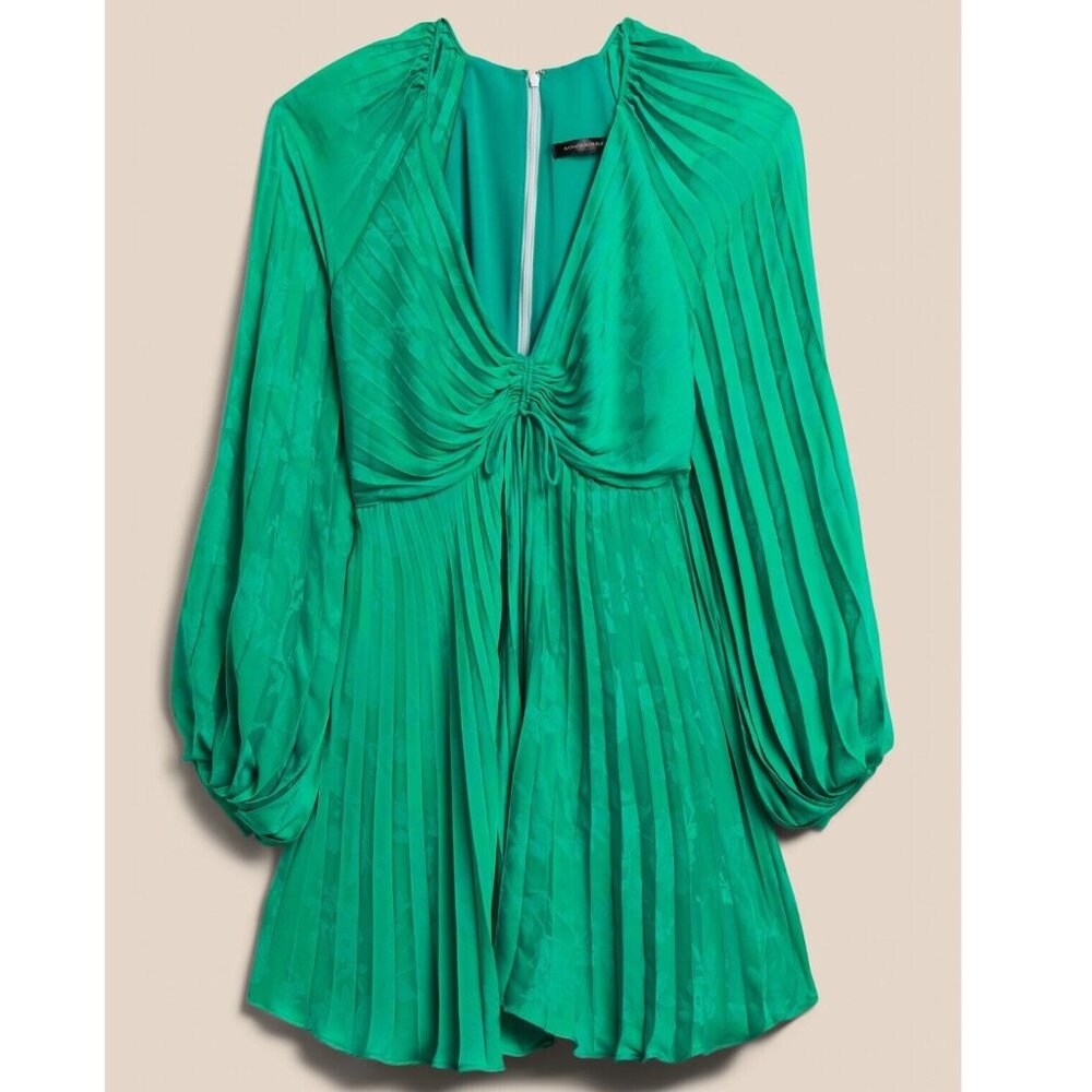 NWT! Banana Republic Cabana Green Satin Radiant Pleated Mini Party Dress 4
